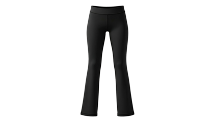 Rendered image of black flared yoga pants against a black background