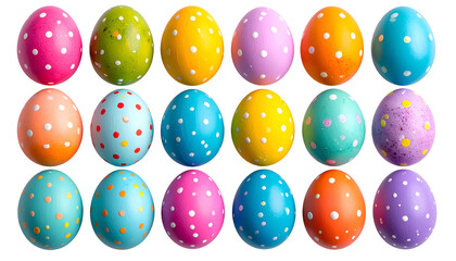 A vibrant grid of Easter eggs, each with a different color and polka dots, black background