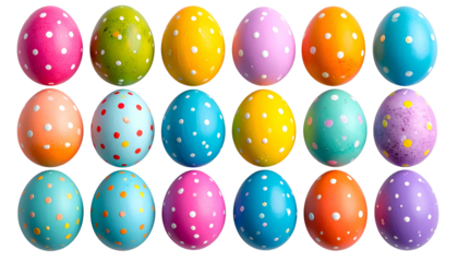 A vibrant grid of Easter eggs, each with a different color and polka dots, black background