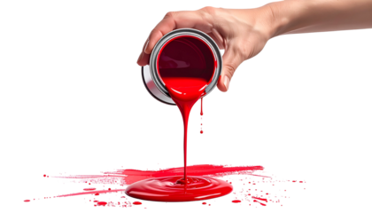 A hand pours crimson paint from a can onto a black background