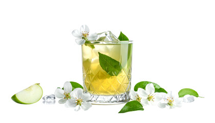 A refreshing cocktail with ice, garnish of flowers, leaves, and apple slice