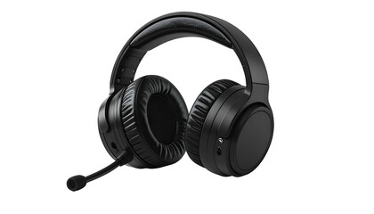 Fototapeta premium Sleek, matte black over-ear headphones with microphone, angled on a black background