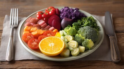 A vibrant plate featuring an assortment of fresh vegetables and fruit. Includes broccoli, Brussels sprouts, orange slices, cherry tomatoes, carrots, radishes, and more. Perfect for healthy eating insp