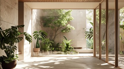 Fototapeta premium Modern Interior with Plants and Natural Light through Wooden Frame