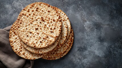 A stack of traditional matzo bread sits elegantly on a dark grey textured surface, accompanied by a brown linen cloth. This unleavened bread is a key element in Jewish cuisine, especially during Passo