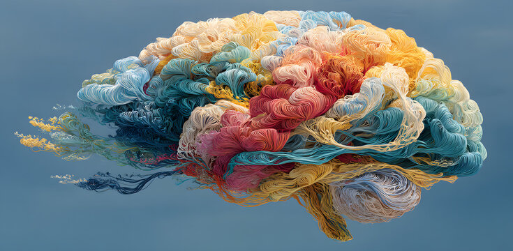Human brain made of multi-colored tangled threads on blue background, banner with copy space, concept of neurodiversity and mental problems