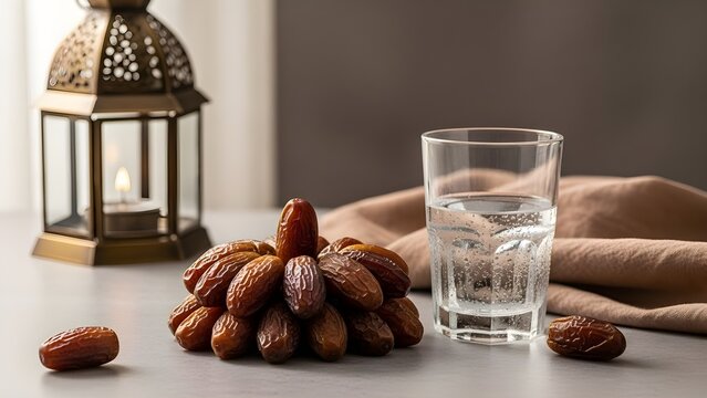Iftar Concept with Fresh Dates, a Glass of Water, and Ornamental Arabic Lantern on the Table