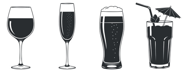 A collection of various drink glasses including wine, champagne, beer, and cocktail in black and white outline vector style, suitable for bar menus and event designs