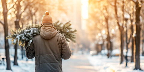Man is carrying a Christmas tree on his shoulder through an urban park. Xmas and New Year concept.