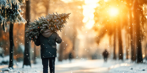 Man is carrying a Christmas tree on his shoulder through an urban park. Xmas and New Year concept.