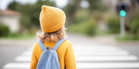Small child standing at crosswalk waiting for green light. Concept of safety and care on city roads.