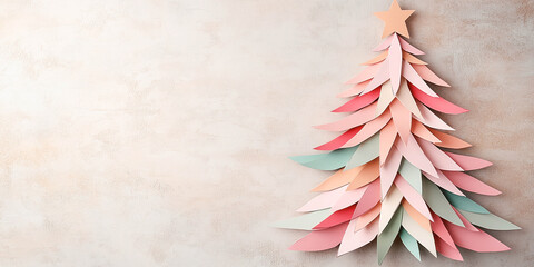 A Christmas tree is made from folded sheets of paper. Card and banner concept.