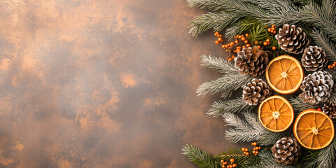 Christmas tree made from pine cones, branches, dried oranges and berries. Banner and poster concept.