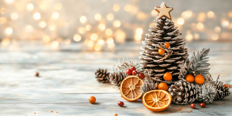 Christmas tree made from pine cones, branches, dried oranges and berries. Banner and poster concept.