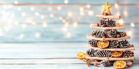 Christmas tree made from pine cones, branches, dried oranges and berries. Banner and poster concept.