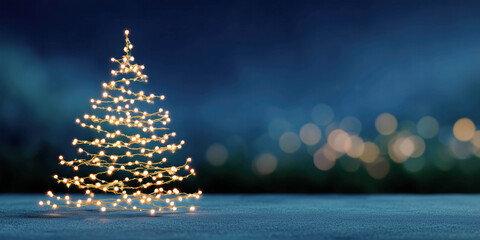 A Christmas tree made of glowing fairy lights. Card and banner concept.