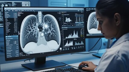 Medical professional analyzing advanced CT and MRI scans of human lungs and brain on multiple highresolution monitors in a modern hospital radiology department utilizing cuttingedge diagnostic techno. - Powered by Adobe