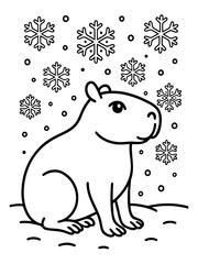 Fototapeta premium Cozy Capybara Under Snowfall: A cute capybara sits peacefully, enveloped by delicate snowflakes, creating a charming winter scene.