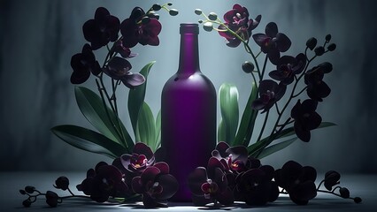 Elegant Purple Bottle with Dark Orchids in Mysterious Still Life Arrangement