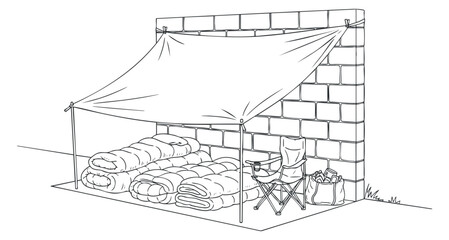 Obraz premium A camping tent setup with blankets and a chair illustrated in minimalist line art style, suitable for outdoor adventure themes