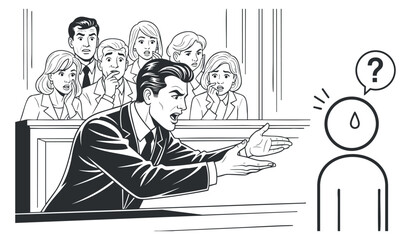 A courtroom scene featuring a lawyer passionately addressing a witness in black and white outline vector style, suitable for legal illustrations and educational materials