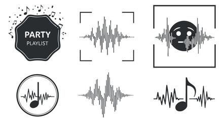 A collection of music and party-themed icons including soundwaves, notes, and a playlist badge in modern vector style, perfect for event promotion and digital designs