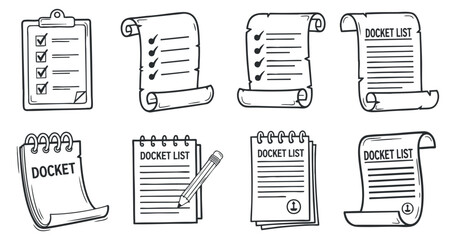 A collection of hand-drawn docket lists and checklists in black and white vector style, ideal for office and organizational projects