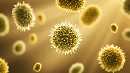 Close-up of numerous microscopic biological cells floating in a warm, sunlit environment