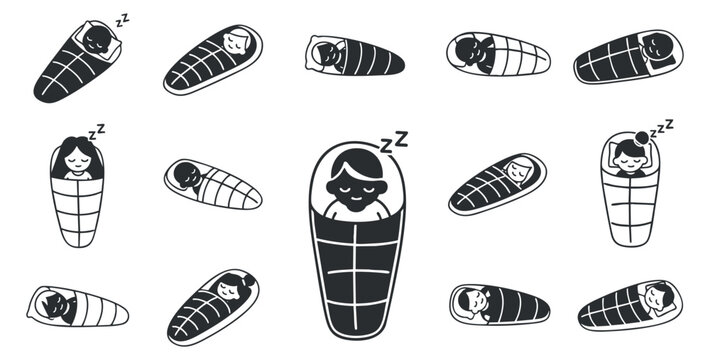 A collection of cute babies wrapped in cocoons sleeping in black and white minimalist vector style, ideal for children's products and nursery decor