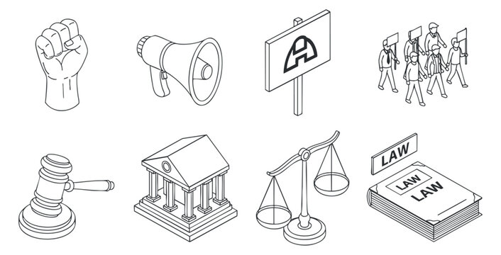 Protest and law icons in black and white line style, vector illustration isolated on transparent background