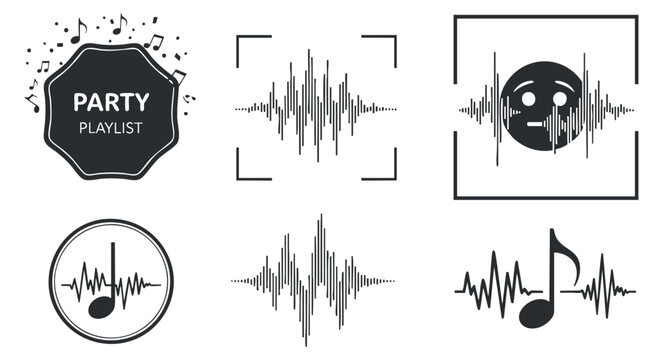 A collection of music and party-themed icons including soundwaves, notes, and a playlist badge in modern vector style, perfect for event promotion and digital designs