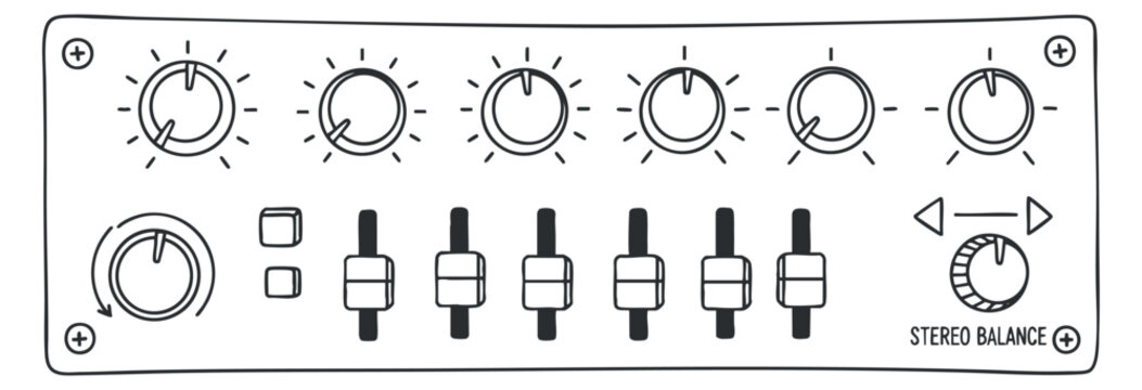 A stereo balance control panel with knobs and sliders in black and white minimalist vector style, ideal for audio and music production projects