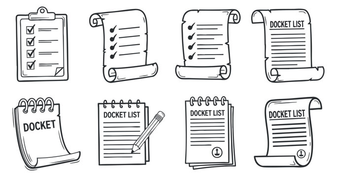 A collection of hand-drawn docket lists and checklists in black and white vector style, ideal for office and organizational projects