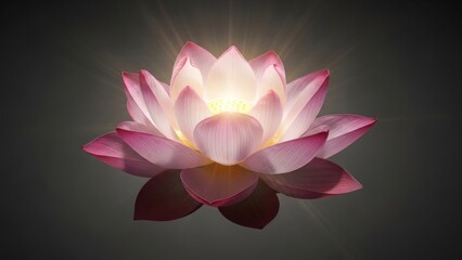 Glowing Pink Lotus Flower with Spiritual Light Rays on Dark Background Zen Concept
