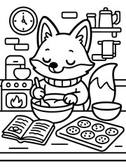 Fox Baking Cookies in Kitchen: A whimsical fox, immersed in the art of baking cookies, stirs batter in a bowl within a cozy kitchen setting, while a freshly baked batch sits ready. 