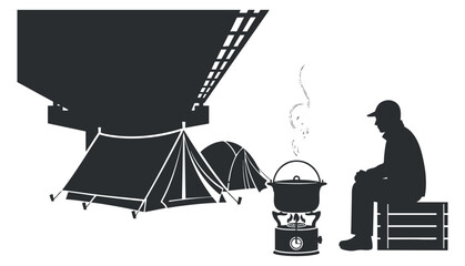 A silhouette of a person cooking on a stove beside a camping tent in minimalist vector style, suitable for outdoor adventure themes © Yana