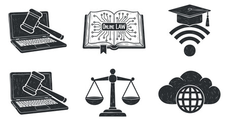 A set of online law-themed icons including a gavel, scales of justice, graduation cap, and digital elements in a hand-drawn style, ideal for legal education and technology branding