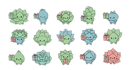 Obraz premium Cute cartoon succulents holding gifts.