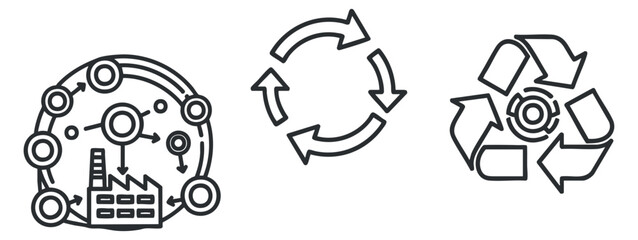 A set of recycling and sustainability icons in minimalist black outline vector style, suitable for environmental awareness projects