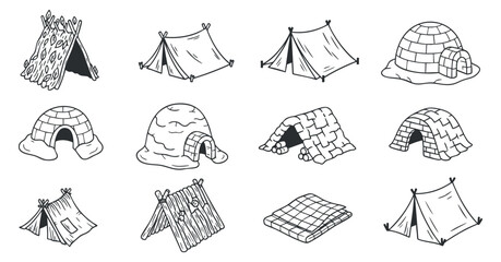 A collection of various types of tents, huts, and igloos in black and white minimalist vector style, suitable for outdoor and camping themes