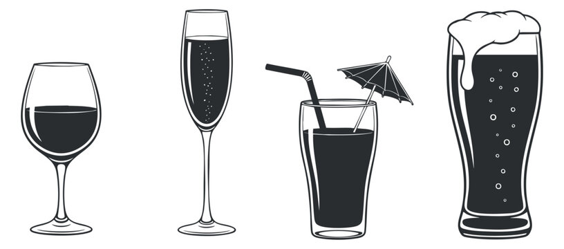 A collection of four drink glasses including wine, champagne, cocktail, and beer in minimalist black and white vector style, perfect for bar and restaurant branding