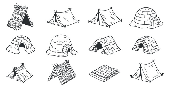 A collection of various types of tents, huts, and igloos in black and white minimalist vector style, suitable for outdoor and camping themes
