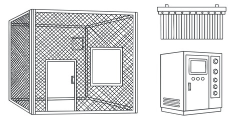A detailed outline illustration of a secure enclosure with a door and control panel in minimalist vector style, suitable for architectural design projects