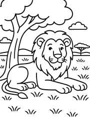 Obraz premium Lion in the Savannah: An illustrated lion rests peacefully under a tree, a symbol of majesty and the wild, set in the heart of the savannah, amidst the simplicity of nature.