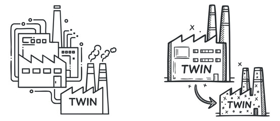 Naklejka premium A pair of twin factories with smokestacks and pipes in minimalist outline vector style, suitable for industrial design and branding