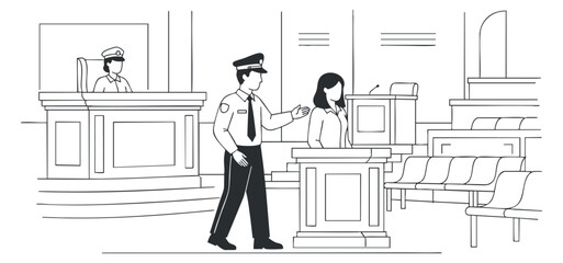 A courtroom scene with a police officer, witness, and judge in a minimalist black and white vector style, suitable for legal presentations.