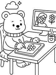 Creative Bear at Desk: A charming bear is engrossed in creative digital art, sketching a flower on a tablet while engaging in an online art tutorial, accompanied by a supportive online community.