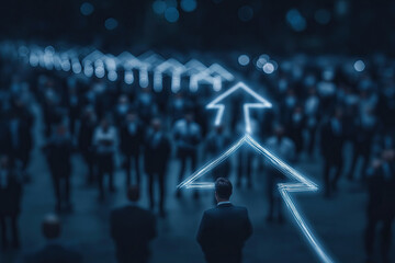 Naklejka premium blurred Illuminated figure leads advancing crowd through transformative digital networking landscape ahead.