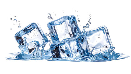 Close-up of clear ice cubes, water droplets, and splashes on a transparent black backdrop