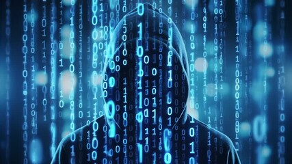 Anonymous hacker in a hoodie surrounded by falling binary code, representing cybercrime and digital security threats - Powered by Adobe